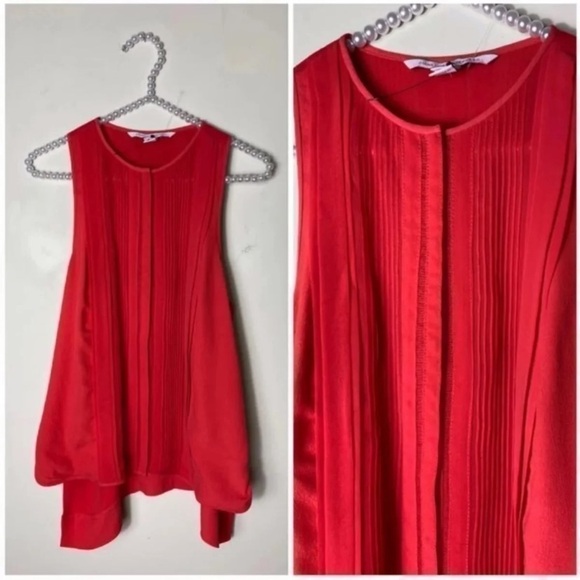 DVF Diane Von Furstenberg Red Orange Plunge V-Neck Ruched Sleeveless Top 2 XS - Picture 4 of 5